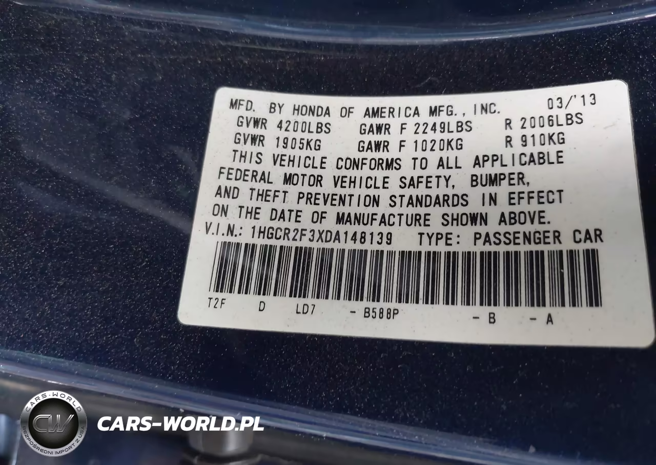 2013 Honda Accord Lx VIN:1HGCR2F3XDA148139 - 9