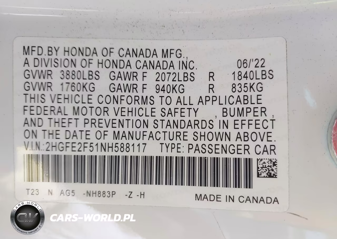 2022 Honda Civic Sport VIN:2HGFE2F51NH588117 - 9