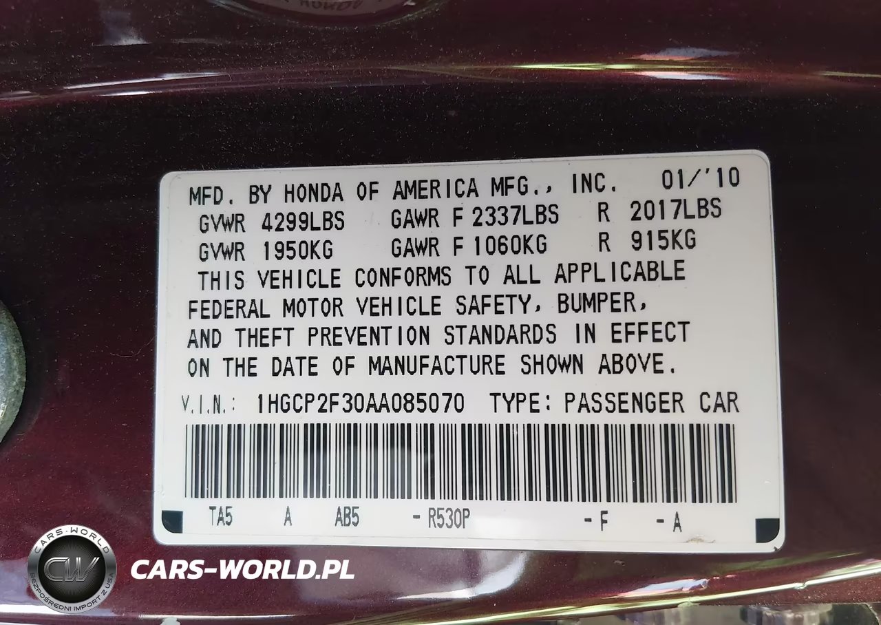 2010 Honda Accord 2.4 Lx VIN:1HGCP2F30AA085070 - 9