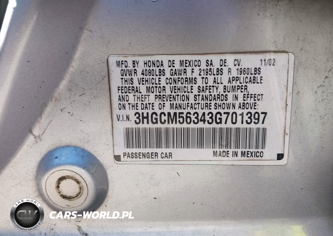2003 Honda Accord 2.4 Lx VIN:3HGCM56343G701397 - 9