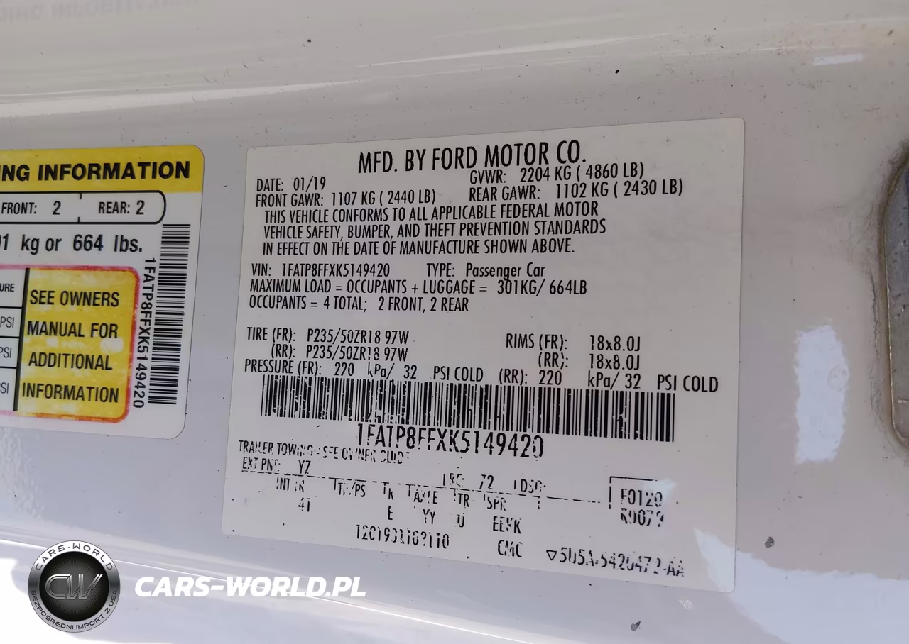 FORD MUSTANG GT VIN:1FATP8FFXK5149420 - 9