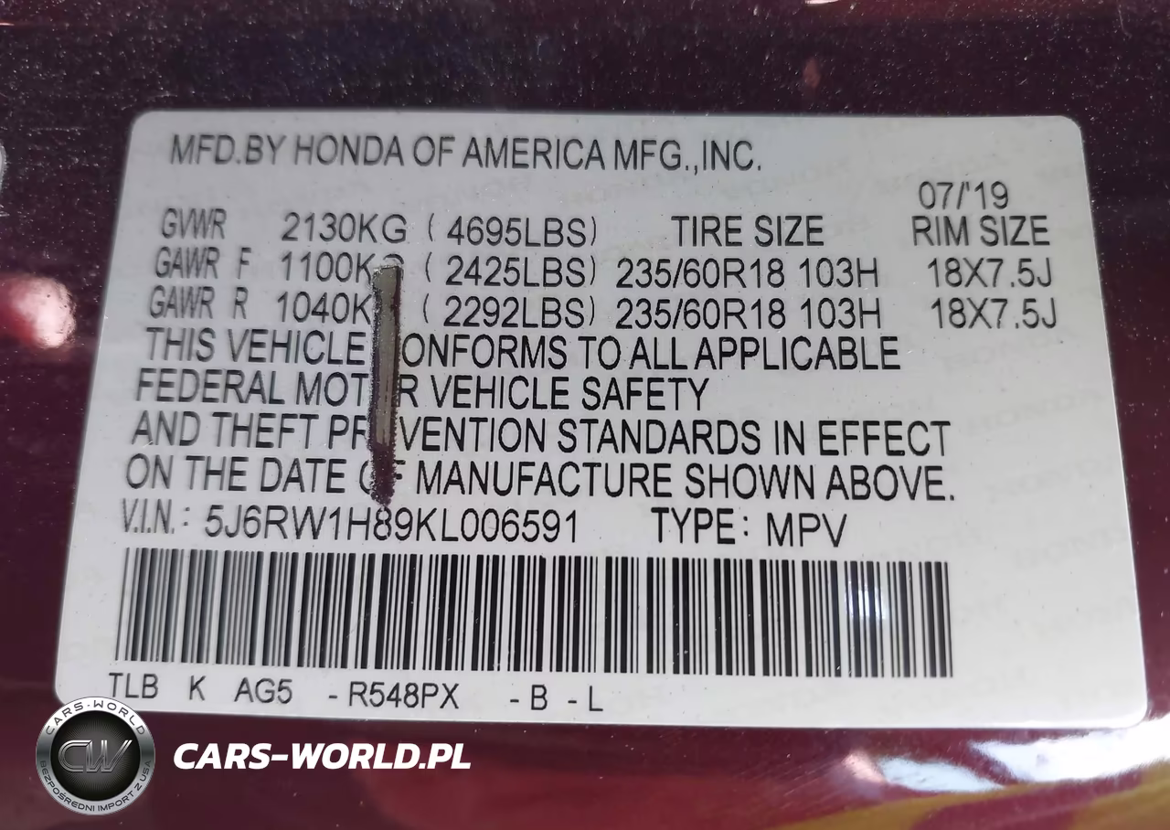 2019 Honda Cr-V Ex-L VIN:5J6RW1H89KL006591 - 9
