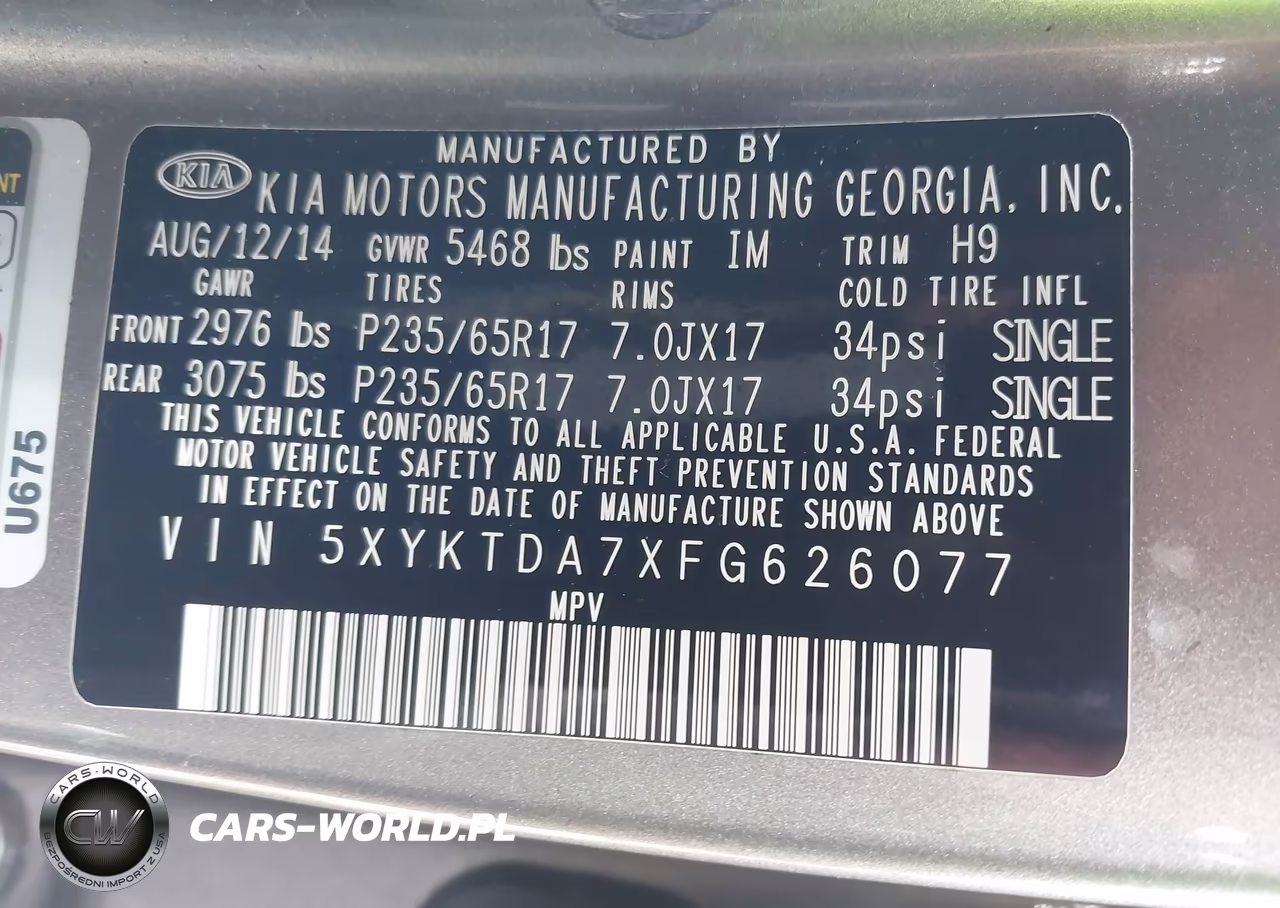 2015 Kia Sorento Lx V6 VIN:5XYKTDA7XFG626077 - 9
