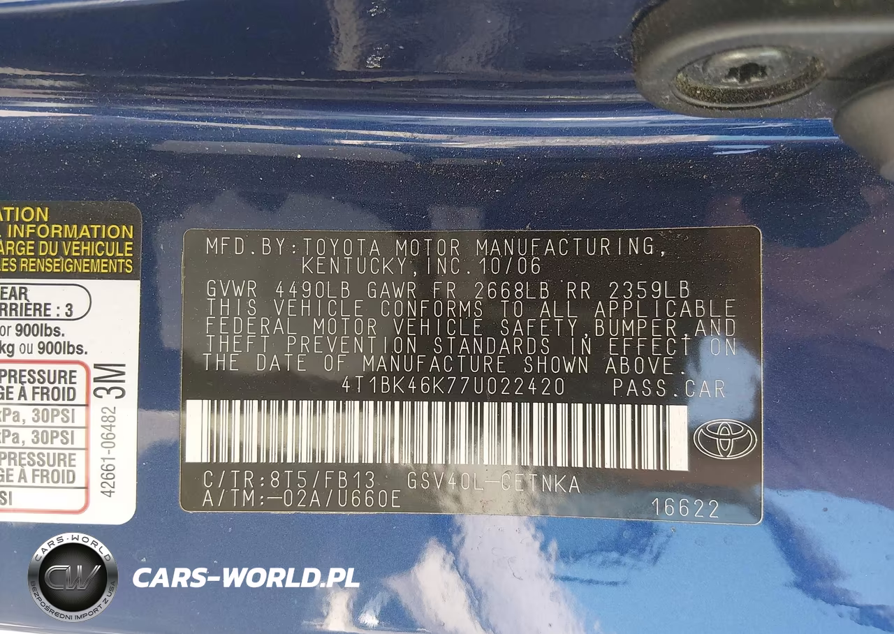2007 Toyota Camry Le V6 VIN:4T1BK46K77U022420 - 9