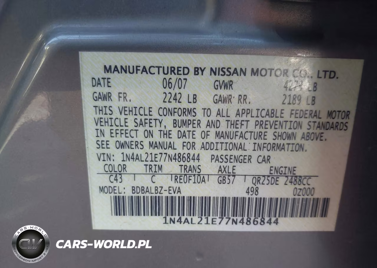 2007 Nissan Altima 2.5 S VIN:1N4AL21E77N486844 - 9