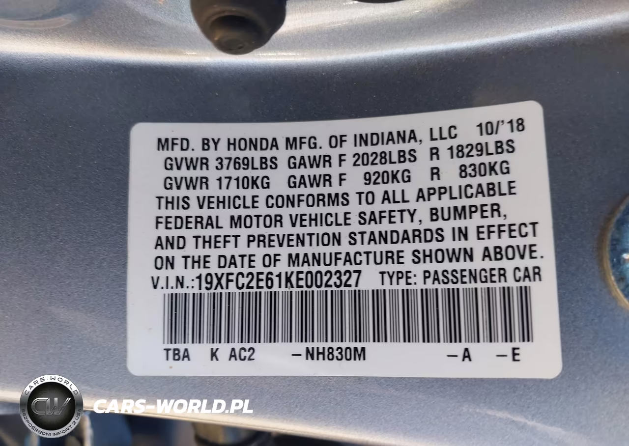 2019 Honda Civic Lx VIN:19XFC2E61KE002327 - 9