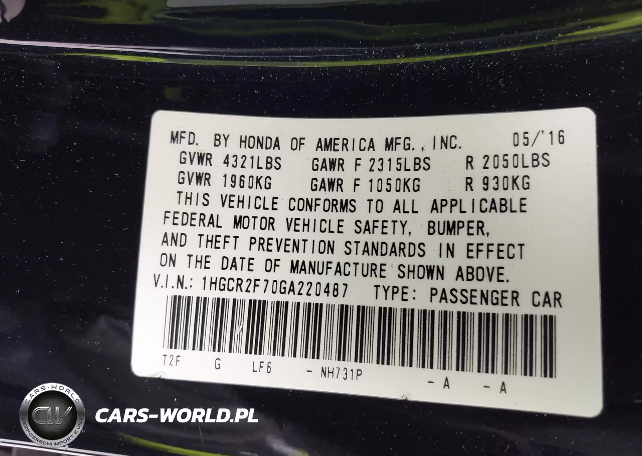 2016 Honda Accord Ex VIN:1HGCR2F70GA220487 - 9