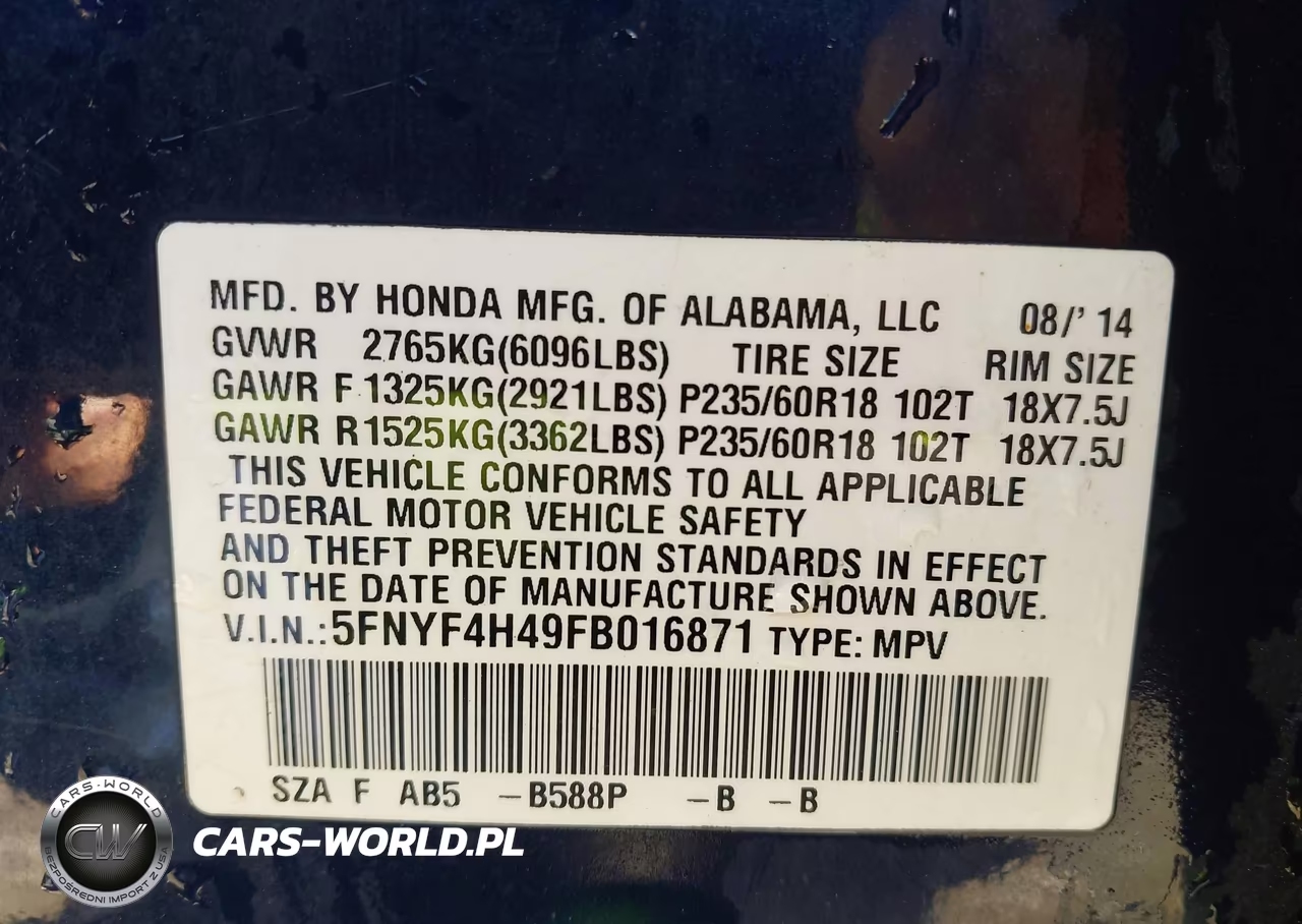 2015 Honda Pilot Ex VIN:5FNYF4H49FB016871 - 9