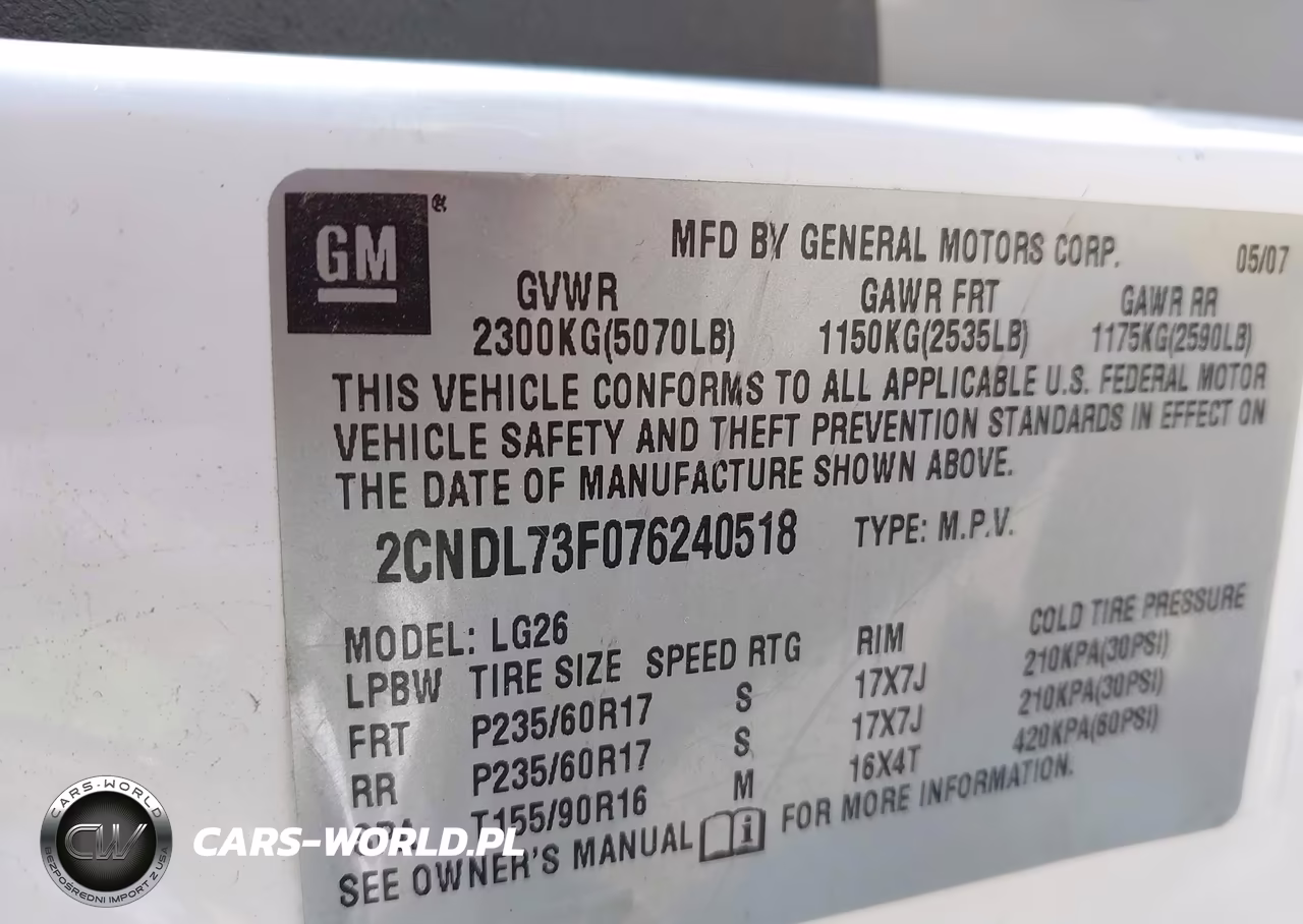 2007 Chevrolet Equinox Lt VIN:2CNDL73F076240518 - 9