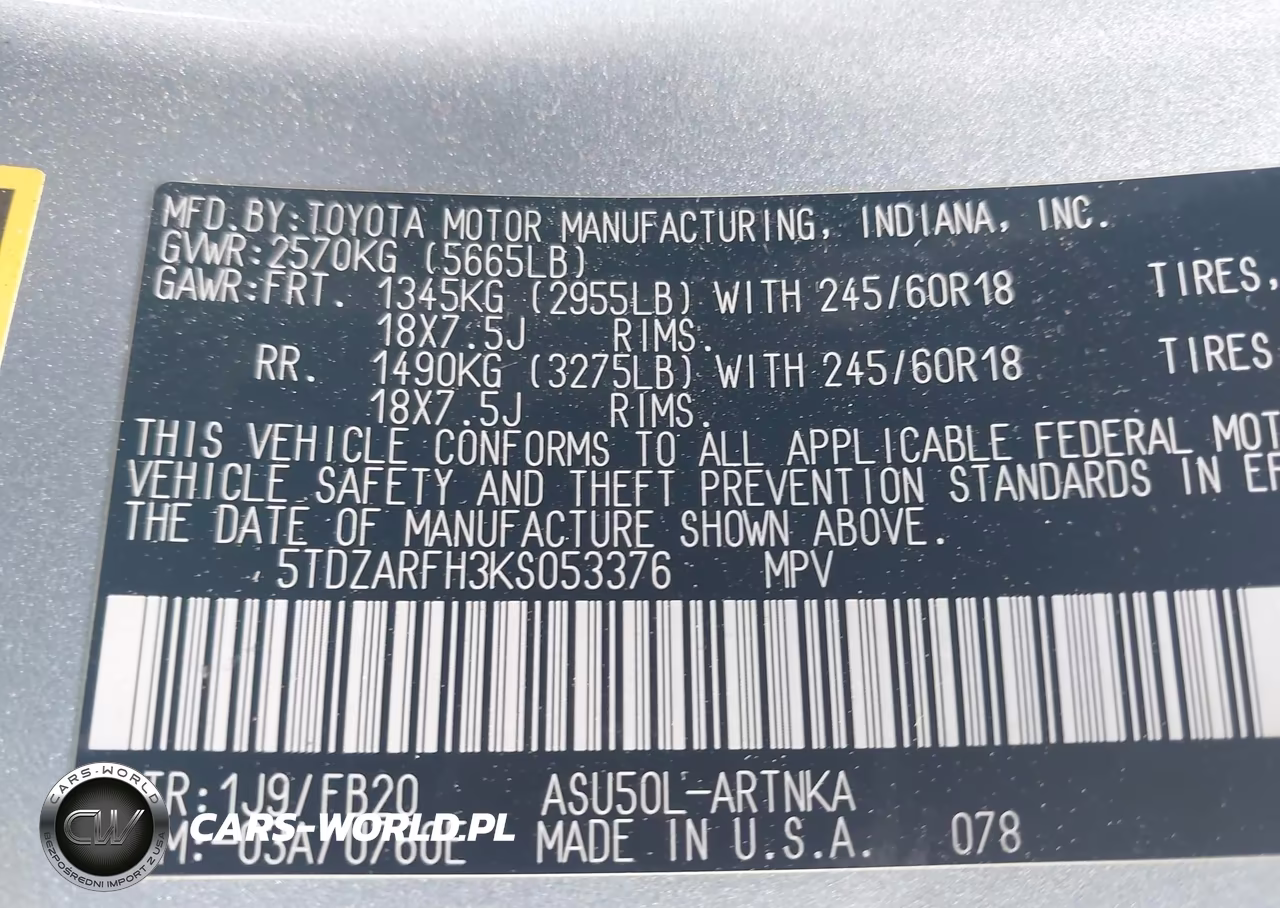 2019 Toyota Highlander Le VIN:5TDZARFH3KS053376 - 9