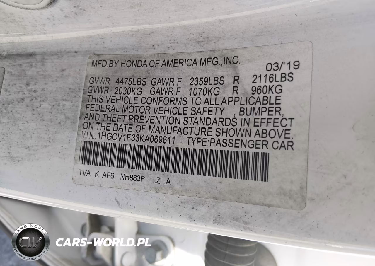 2019 Honda Accord Sport VIN:1HGCV1F33KA069611 - 9