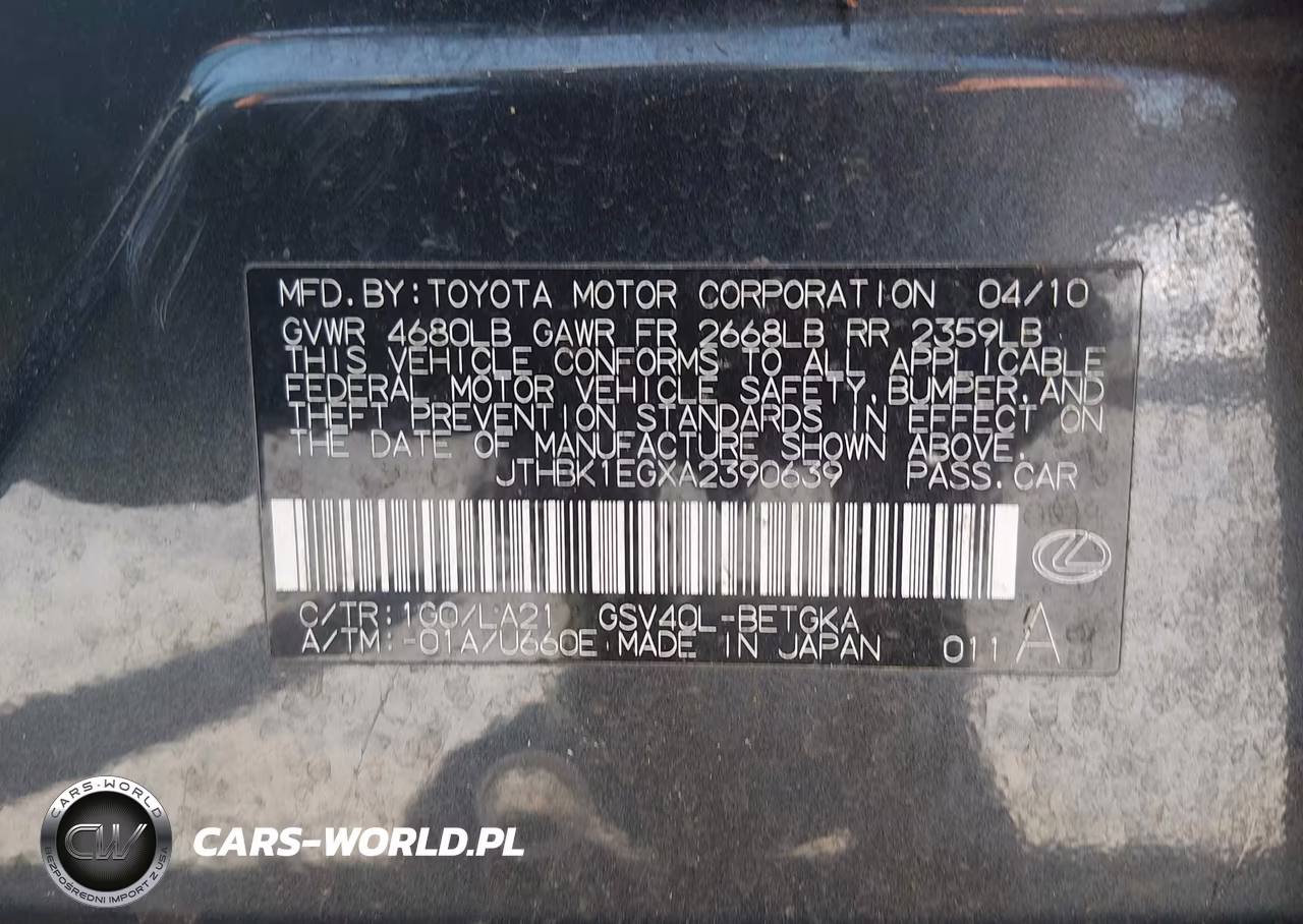 2010 Lexus Es 350 VIN:JTHBK1EGXA2390639 - 9