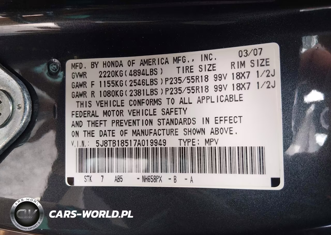 2007 Acura Rdx VIN:5J8TB18517A019949 - 9