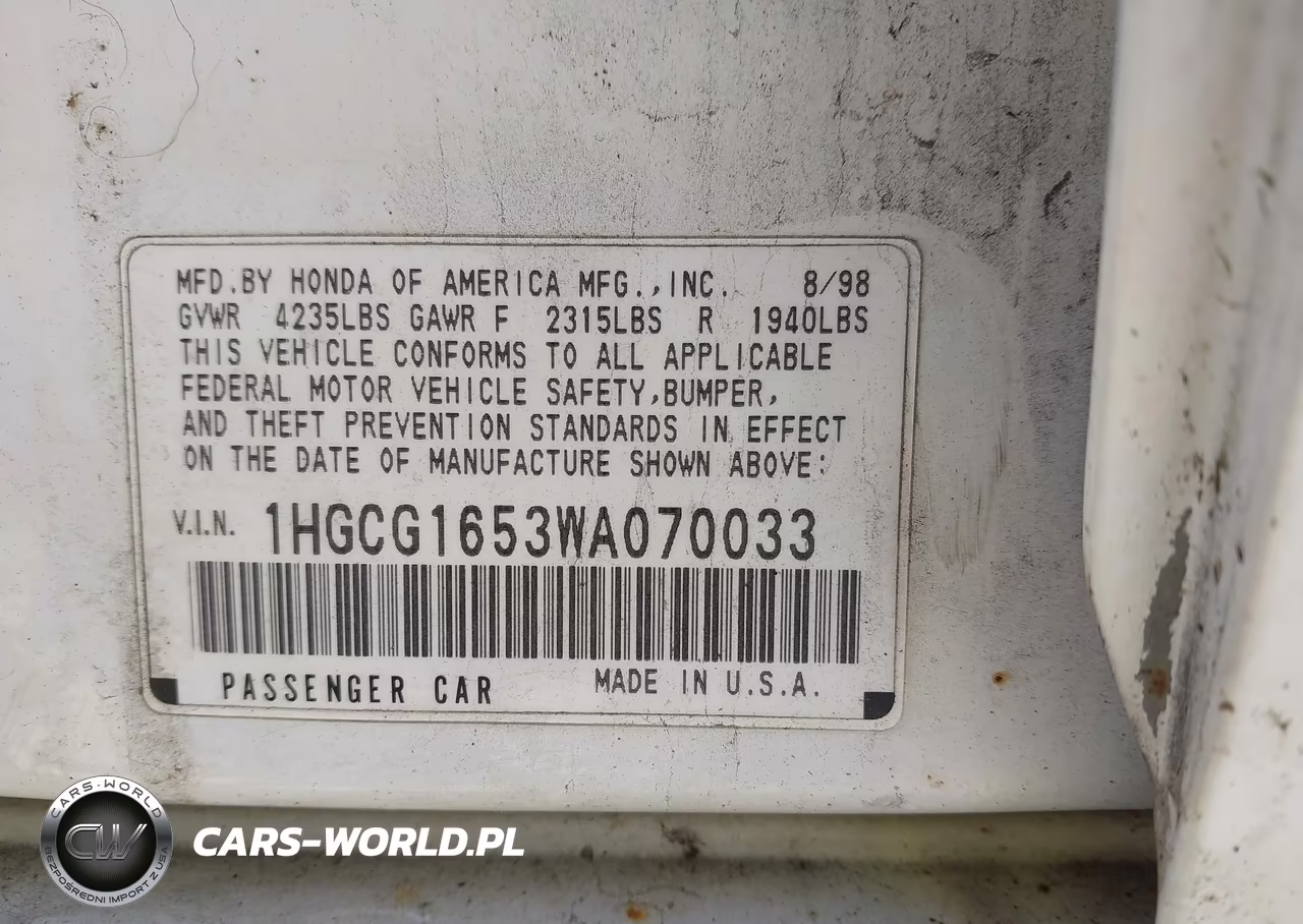 1998 Honda Accord Ex V6 VIN:1HGCG1653WA070033 - 9