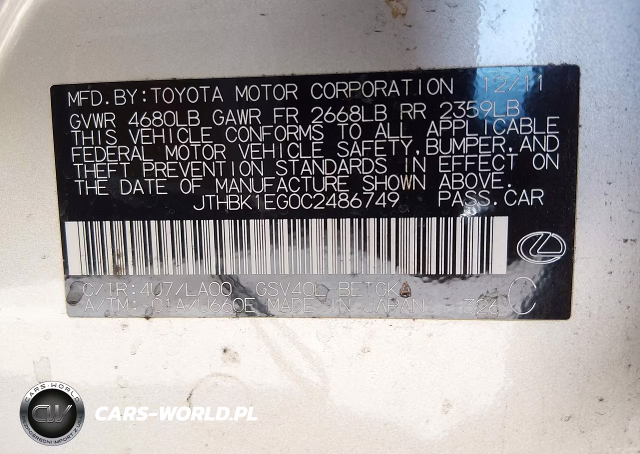 2012 Lexus Es 350 VIN:JTHBK1EG0C2486749 - 9
