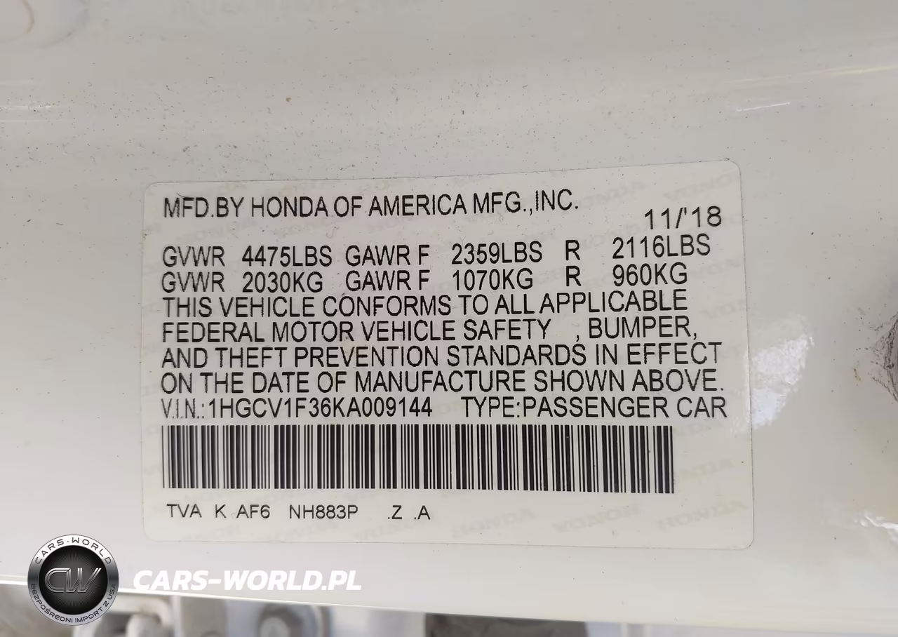 2019 Honda Accord Sport VIN:1HGCV1F36KA009144 - 9