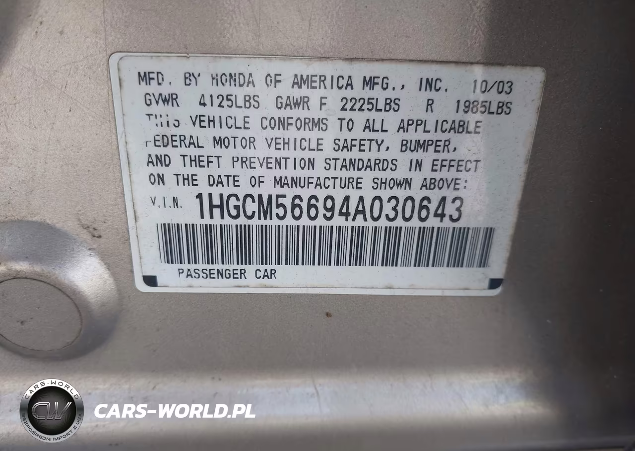 2004 Honda Accord 2.4 Ex VIN:1HGCM56694A030643 - 9