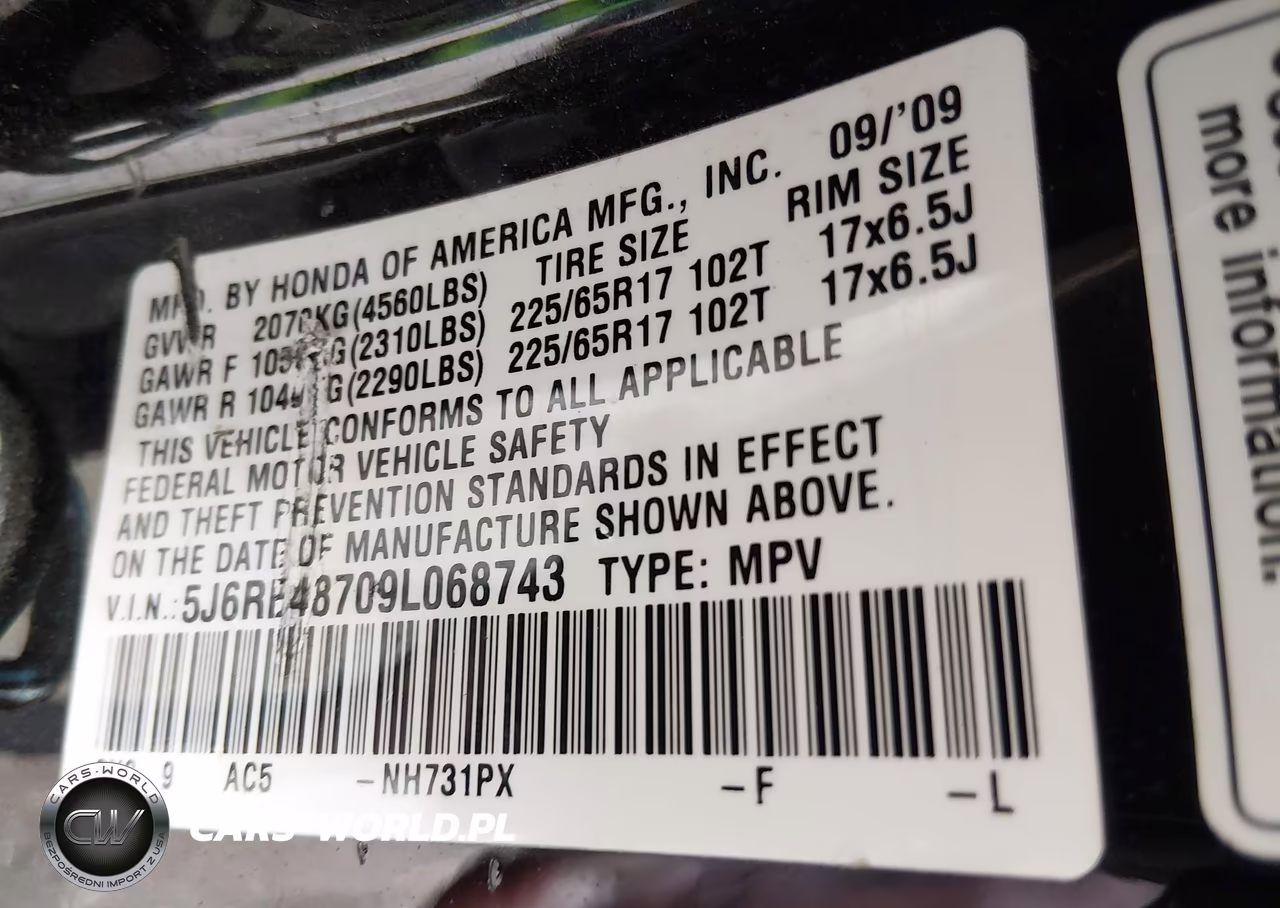 2009 Honda Cr-V Ex-L VIN:5J6RE48709L068743 - 9