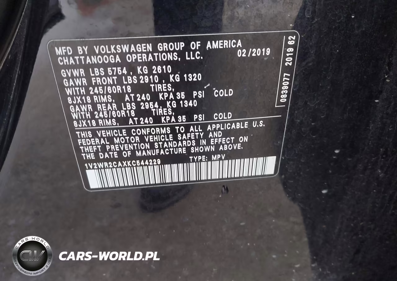 2019 Volkswagen Atlas 3.6L V6 Se W-Technology VIN:1V2WR2CAXKC544229 - 9