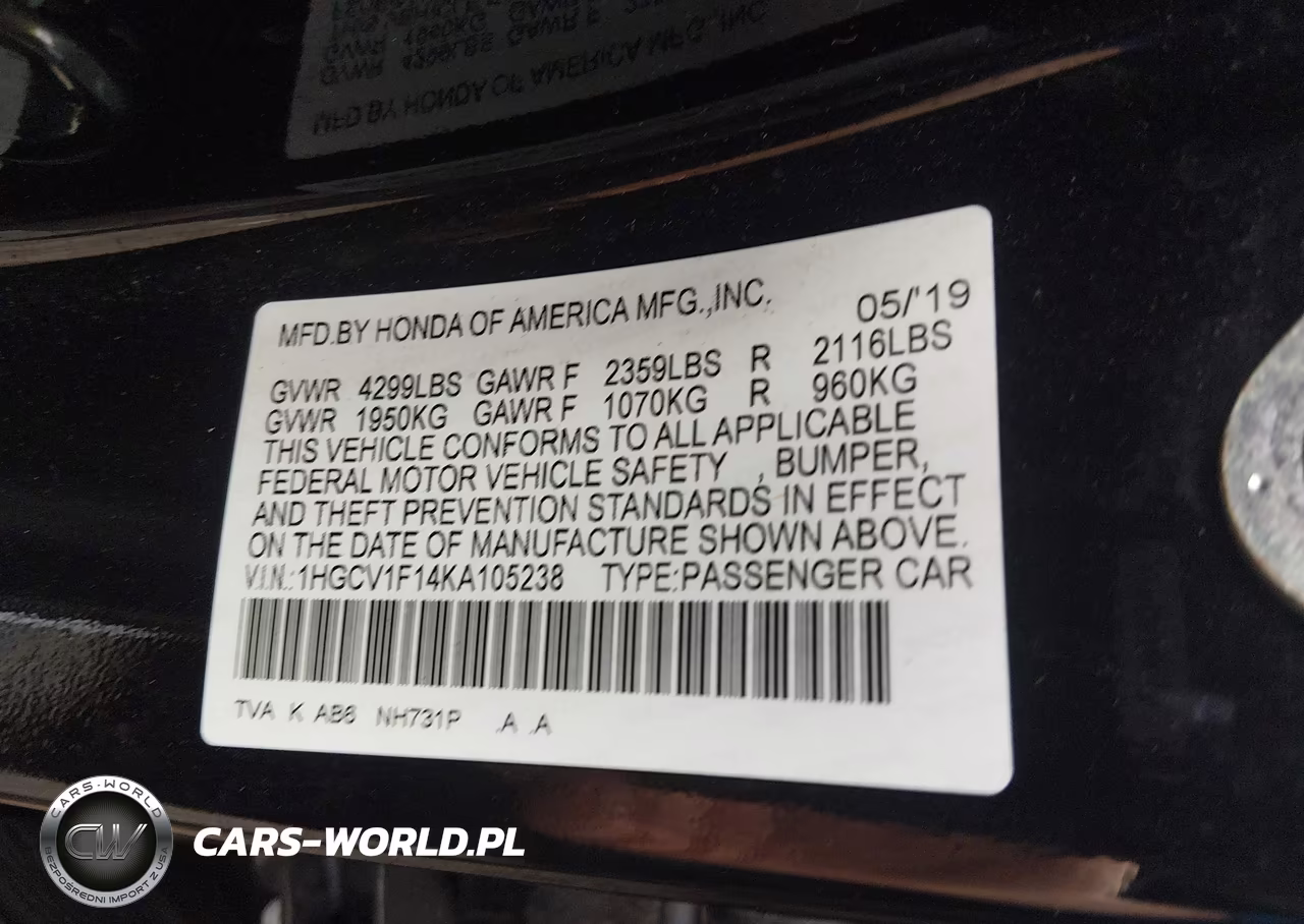 2019 Honda Accord Lx VIN:1HGCV1F14KA105238 - 9
