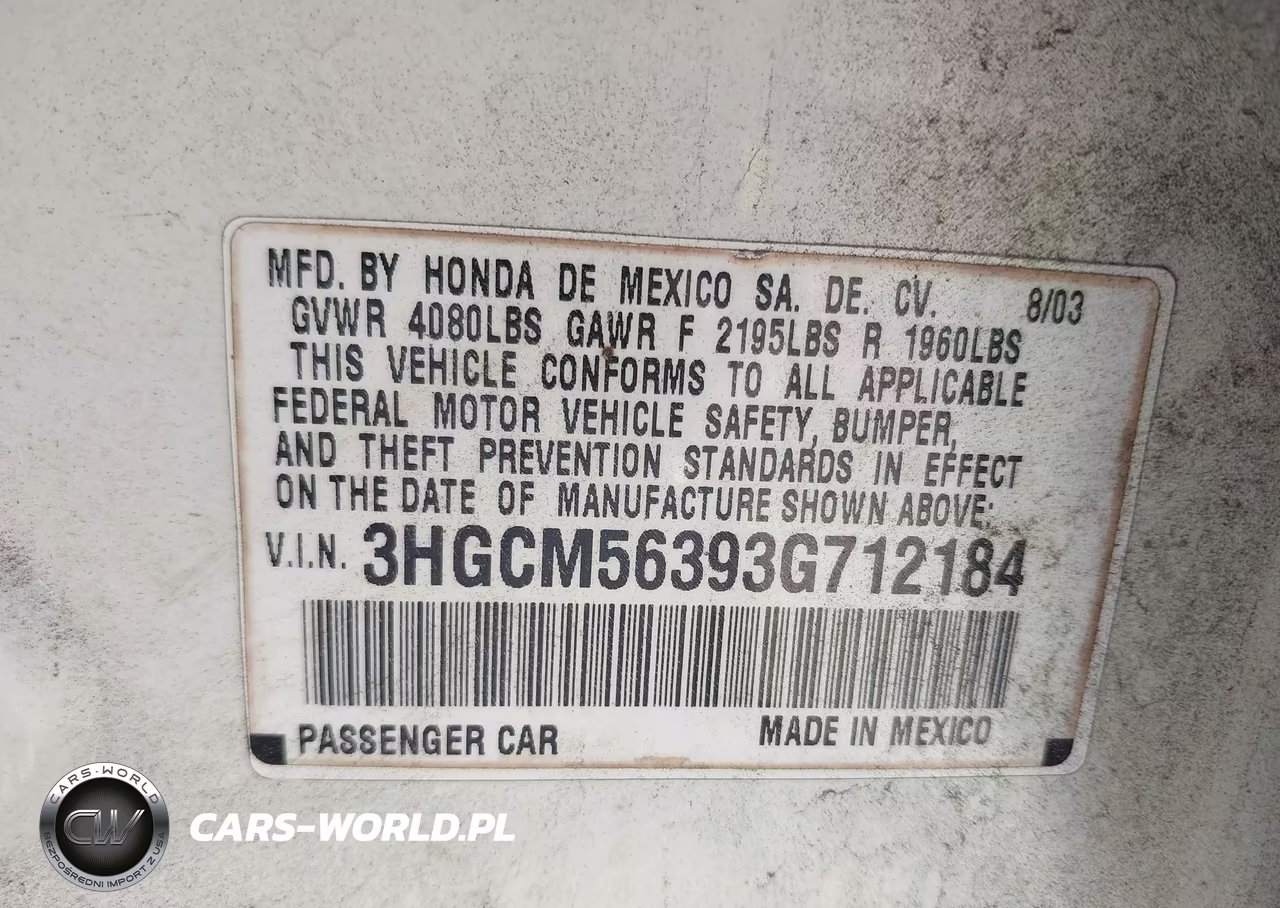 2003 Honda Accord 2.4 Lx VIN:3HGCM56393G712184 - 9