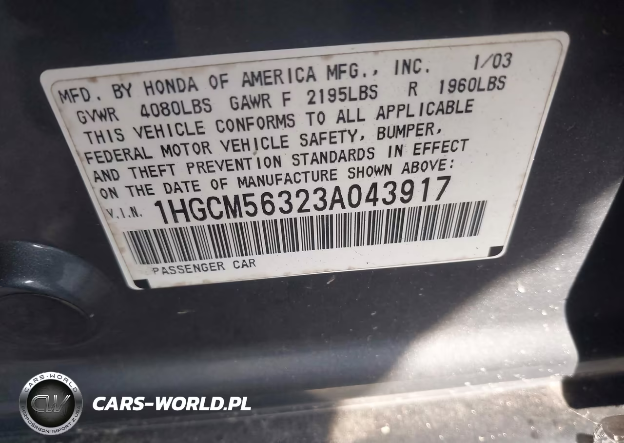 2003 Honda Accord 2.4 Lx VIN:1HGCM56323A043917 - 9