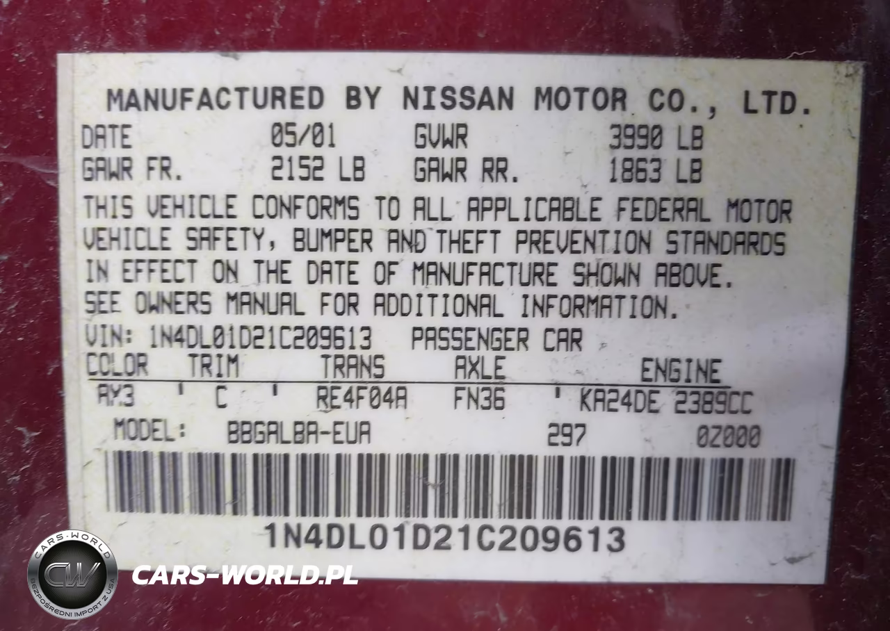 2001 Nissan Altima Gxe VIN:1N4DL01D21C209613 - 9