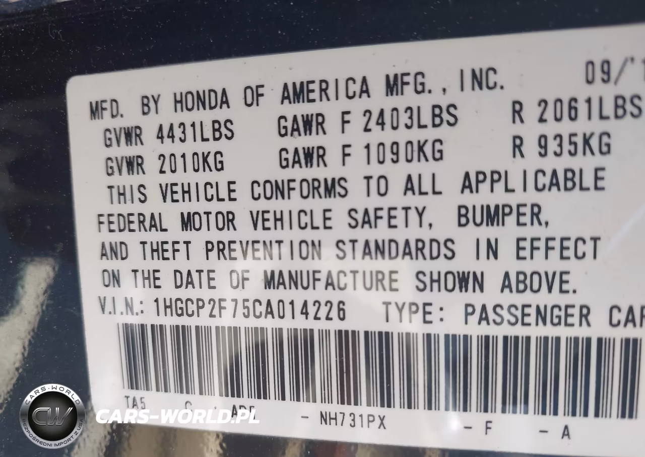 2012 Honda Accord 2.4 Ex VIN:1HGCP2F75CA014226 - 9