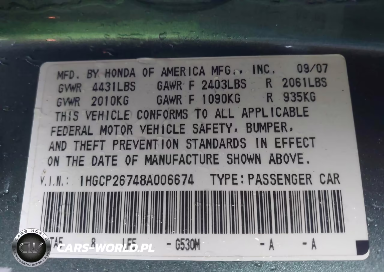 2008 Honda Accord 2.4 Ex VIN:1HGCP26748A006674 - 9