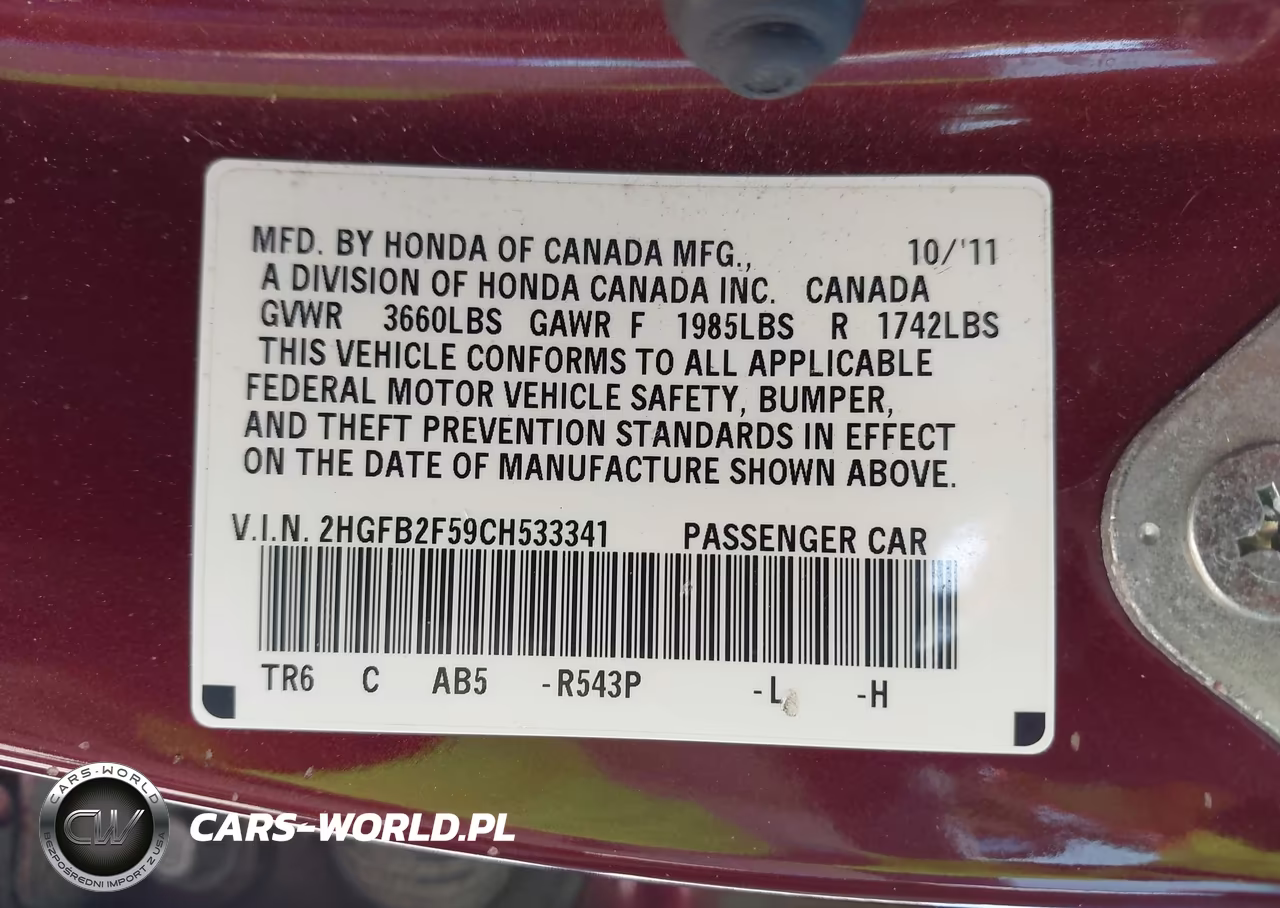 2012 Honda Civic Lx VIN:2HGFB2F59CH533341 - 9