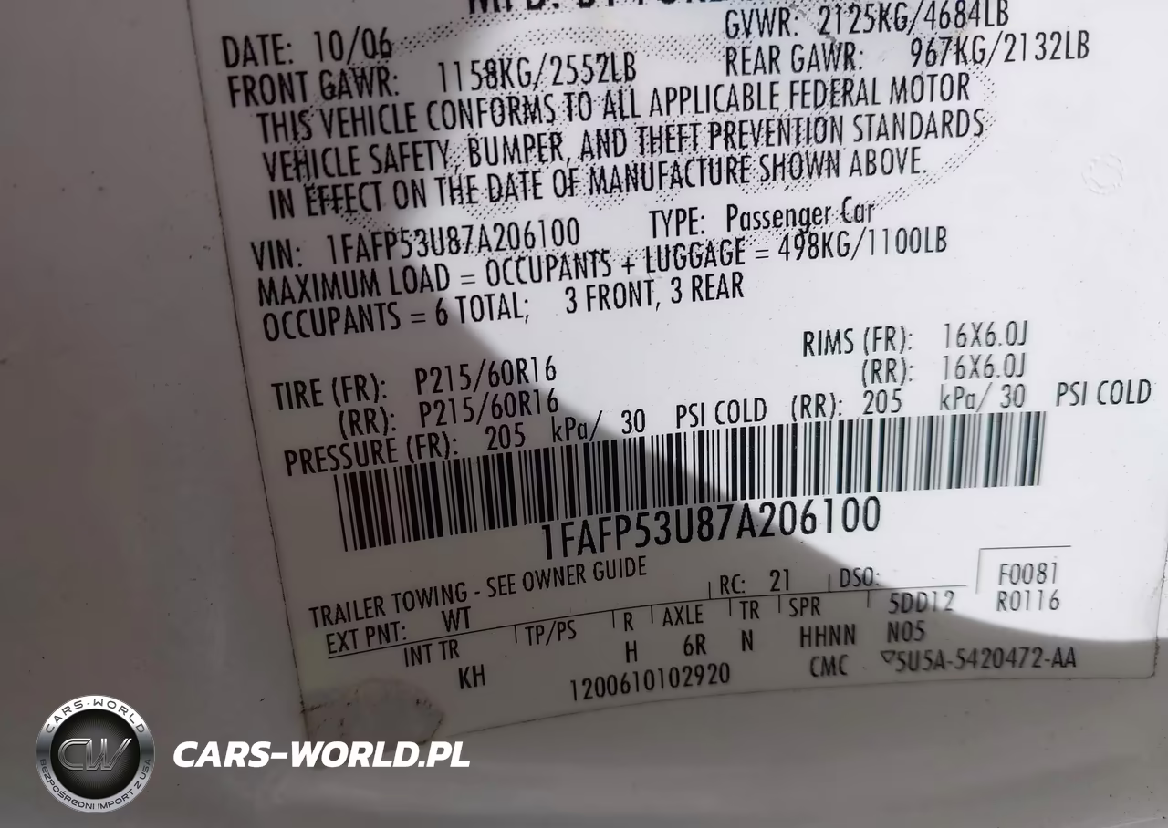 2007 Ford Taurus Se VIN:1FAFP53U87A206100 - 9