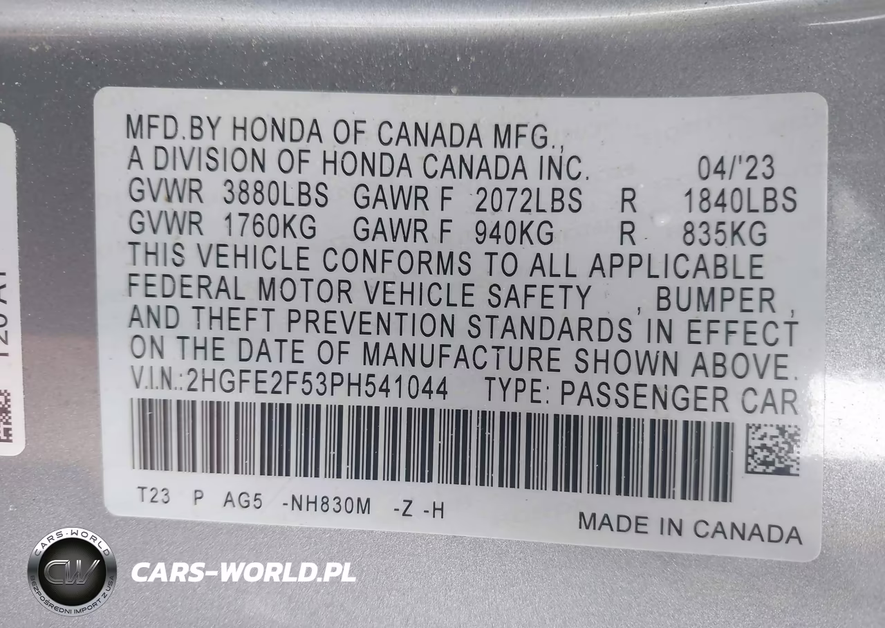 2023 Honda Civic Sport VIN:2HGFE2F53PH541044 - 9