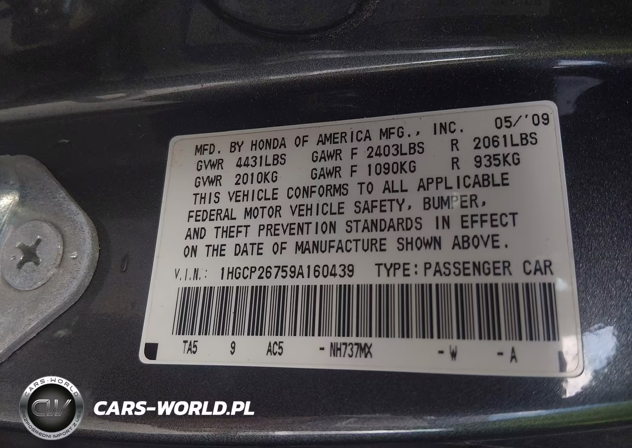 2009 Honda Accord 2.4 Ex VIN:1HGCP26759A160439 - 9