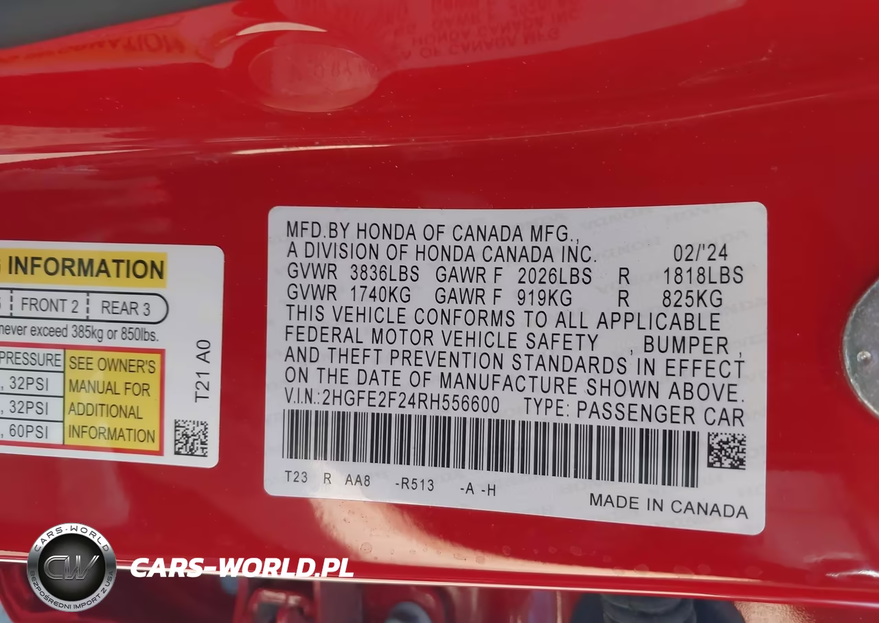 2024 Honda Civic Lx VIN:2HGFE2F24RH556600 - 9