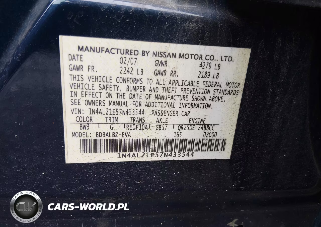 2007 Nissan Altima 2.5 S VIN:1N4AL21E57N433544 - 9