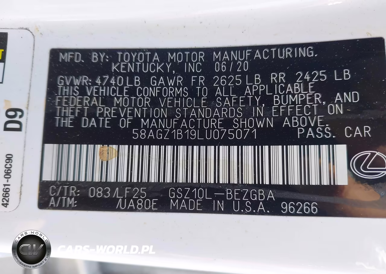 2020 Lexus Es 350 F Sport VIN:58AGZ1B19LU075071 - 9