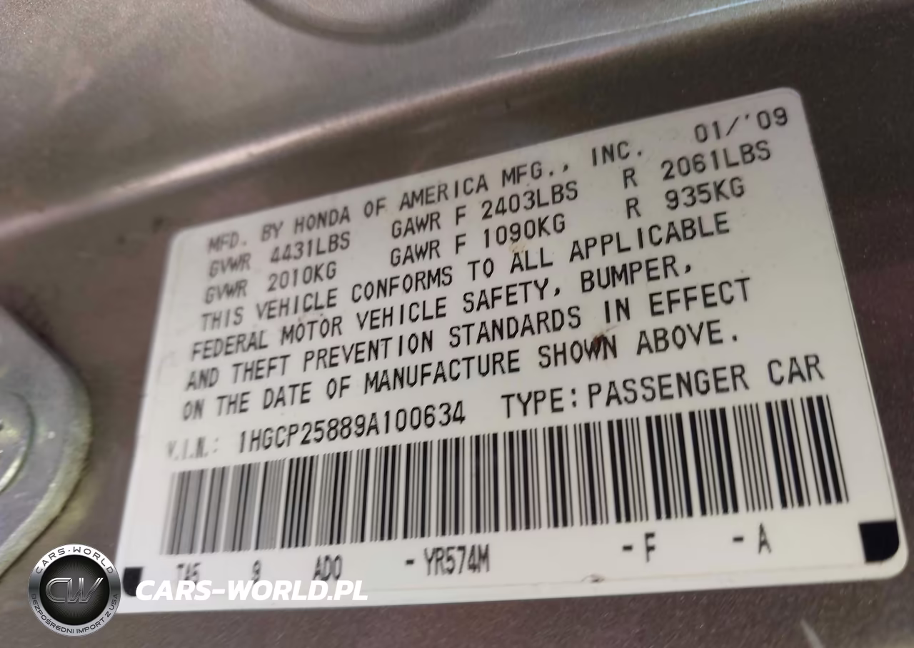 2009 Honda Accord 2.4 Ex-L VIN:1HGCP25889A100634 - 9