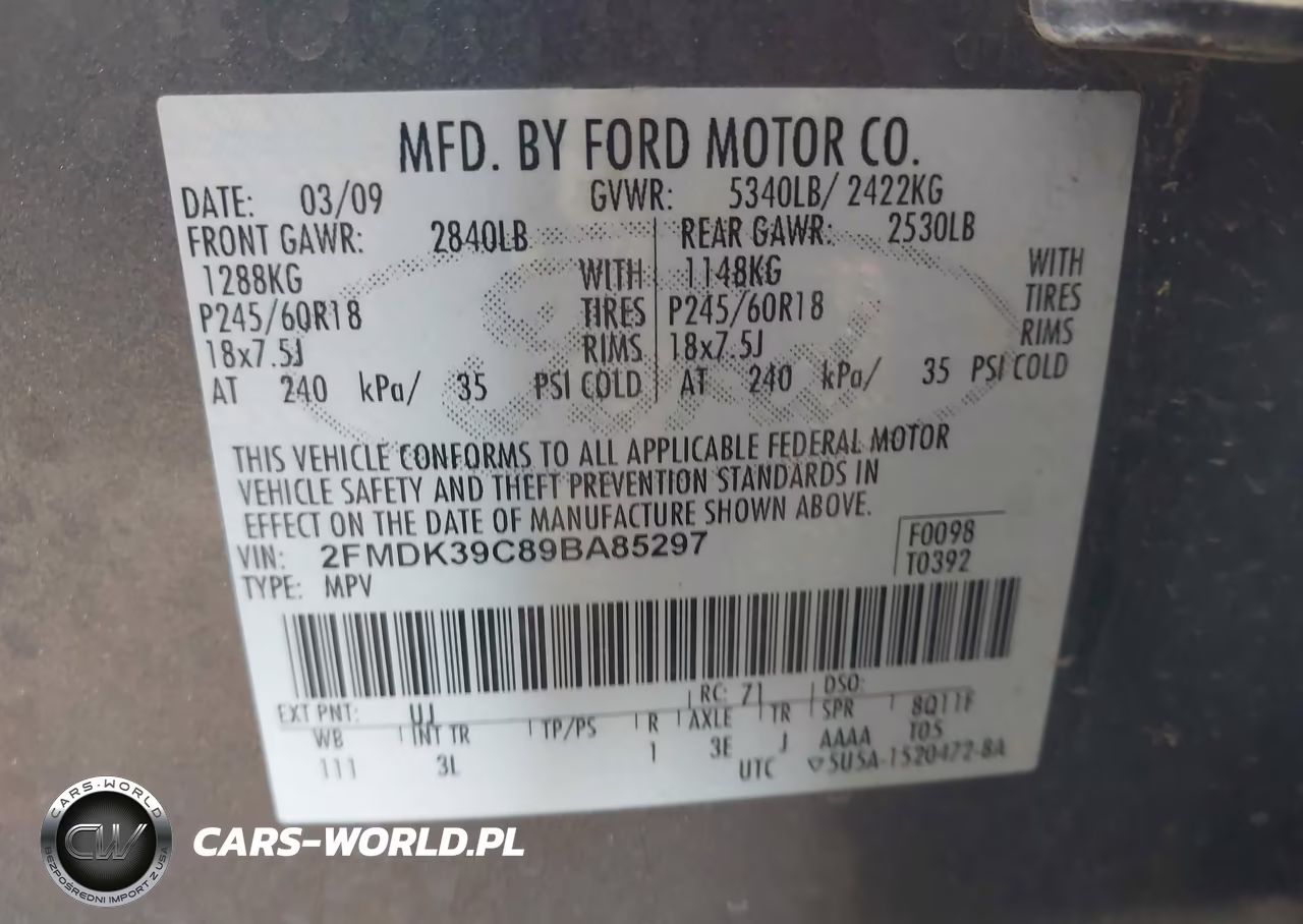 2009 Ford Edge Limited VIN:2FMDK39C89BA85297 - 9