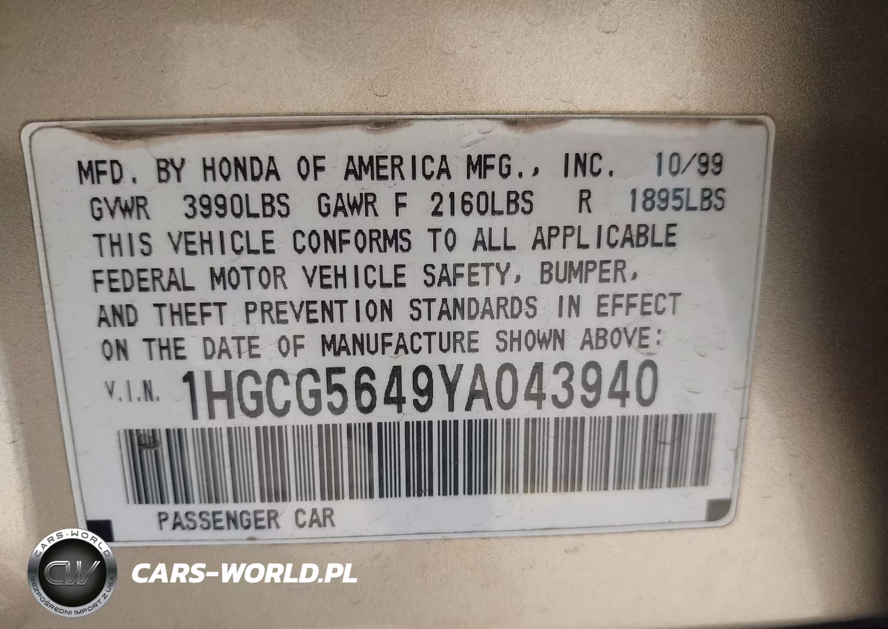 2000 Honda Accord 2.3 Lx VIN:1HGCG5649YA043940 - 9
