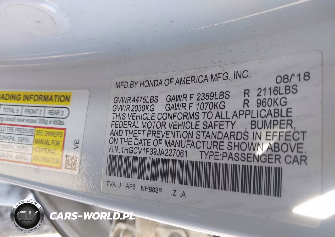2018 Honda Accord Sport VIN:1HGCV1F39JA227061 - 9