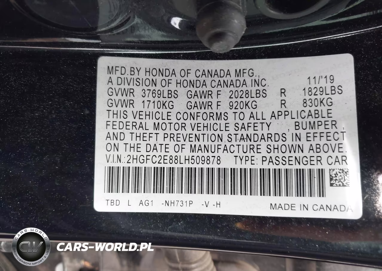 2020 Honda Civic Sport VIN:2HGFC2E88LH509878 - 9