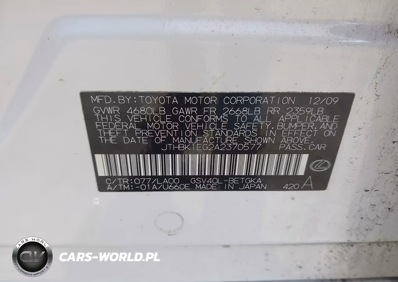 2010 Lexus Es 350 VIN:JTHBK1EG2A2370577 - 9