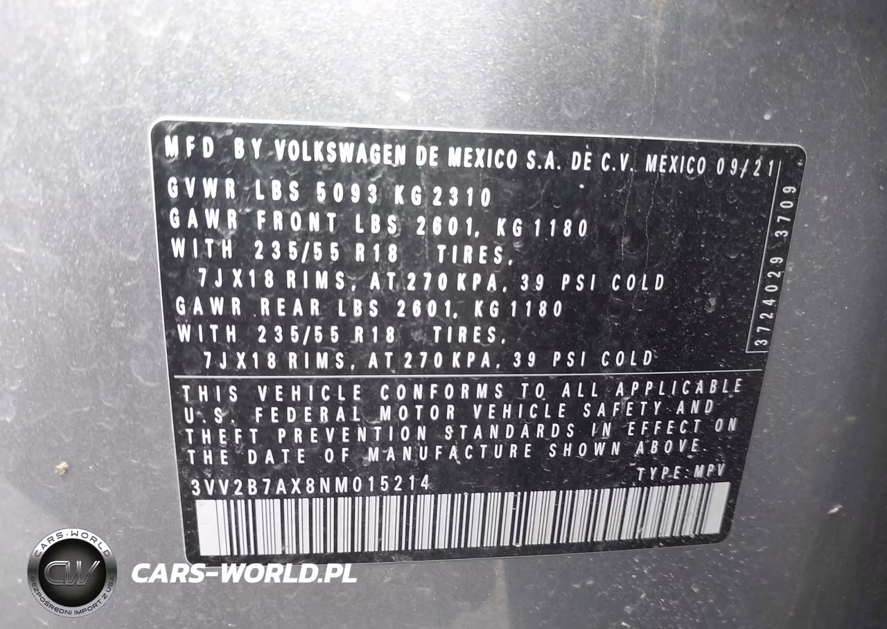 2022 Volkswagen Tiguan 2.0T Se VIN:3VV2B7AX8NM015214 - 9