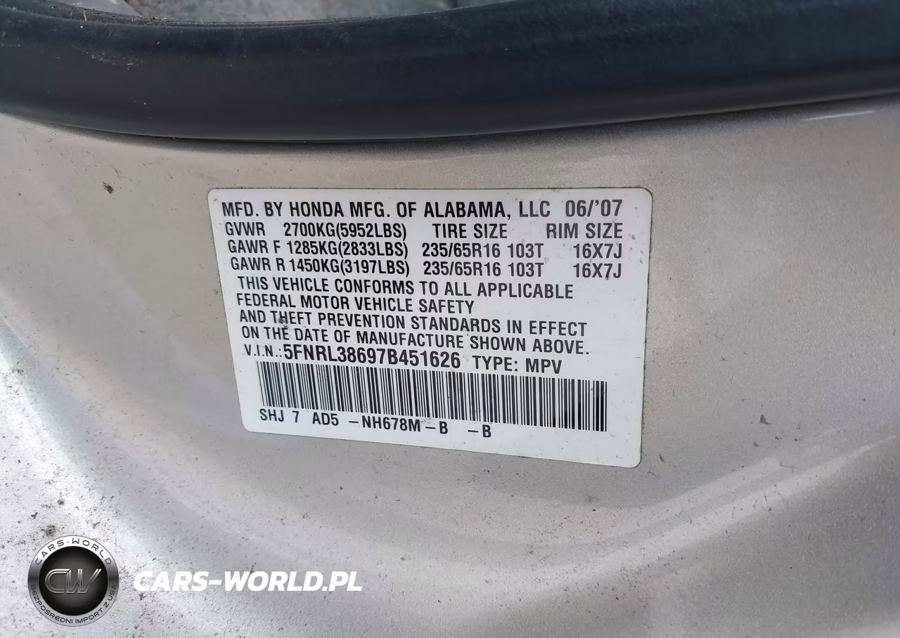2007 Honda Odyssey Ex-L VIN:5FNRL38697B451626 - 9