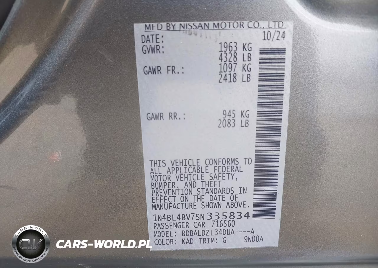 2025 Nissan Altima S Fwd VIN:1N4BL4BV7SN335834 - 9