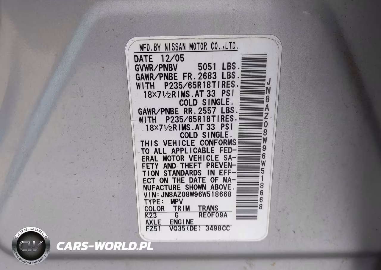 2006 Nissan Murano S VIN:JN8AZ08W96W518668 - 9