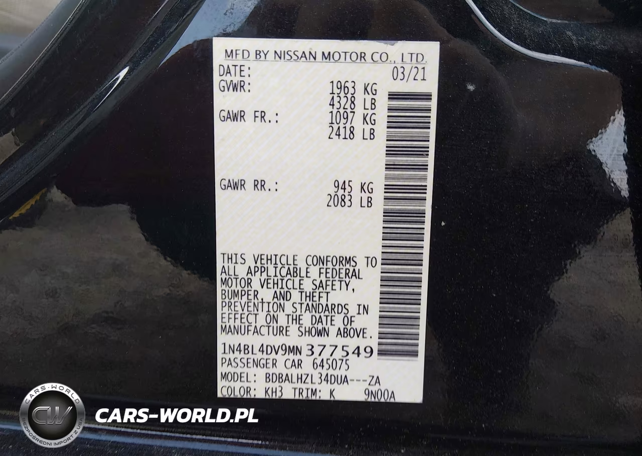 2021 Nissan Altima Sv Fwd VIN:1N4BL4DV9MN377549 - 9