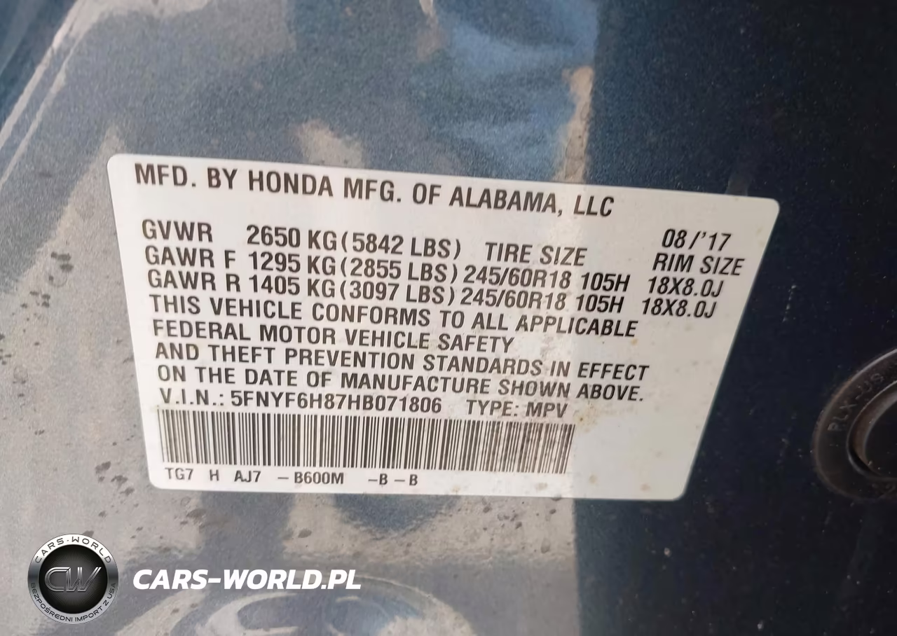 2017 Honda Pilot Ex-L VIN:5FNYF6H87HB071806 - 9