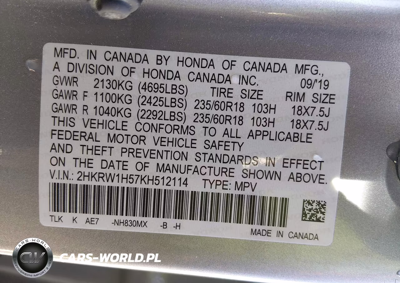 2019 Honda Cr-V Ex VIN:2HKRW1H57KH512114 - 9