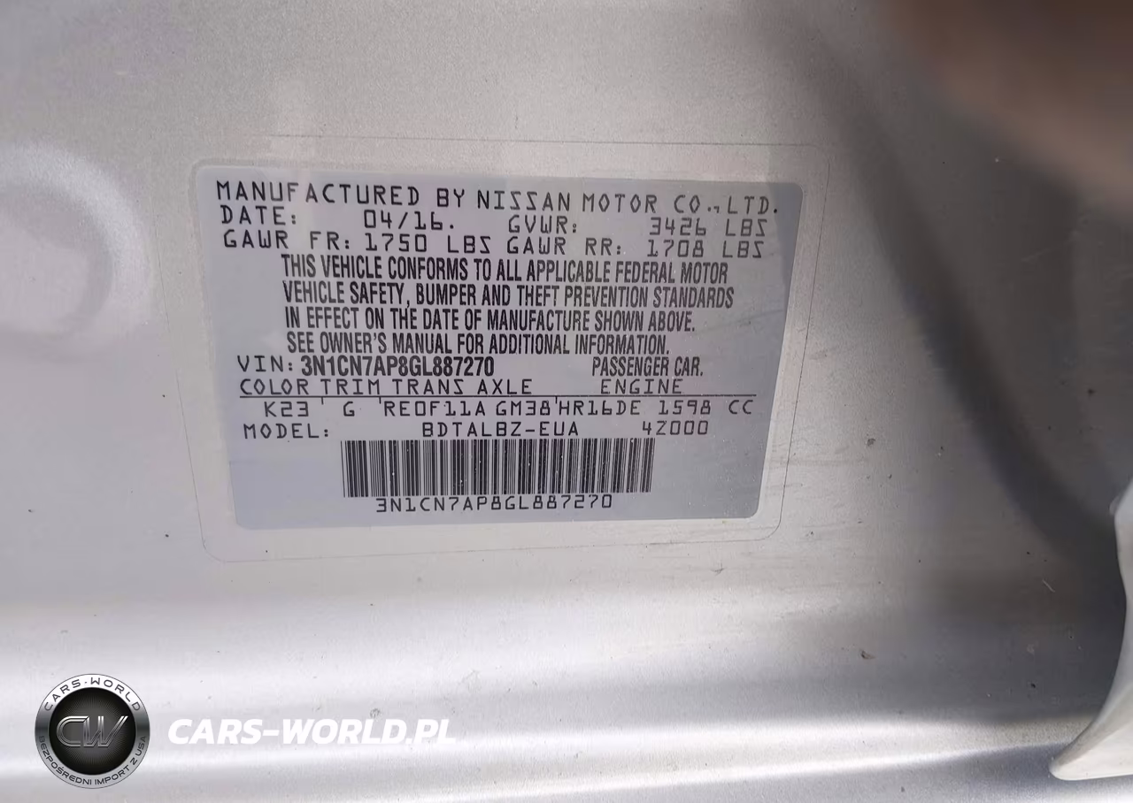 2016 Nissan Versa 1.6 S-1.6 S+-1.6 Sl-1.6 Sv VIN:3N1CN7AP8GL887270 - 9